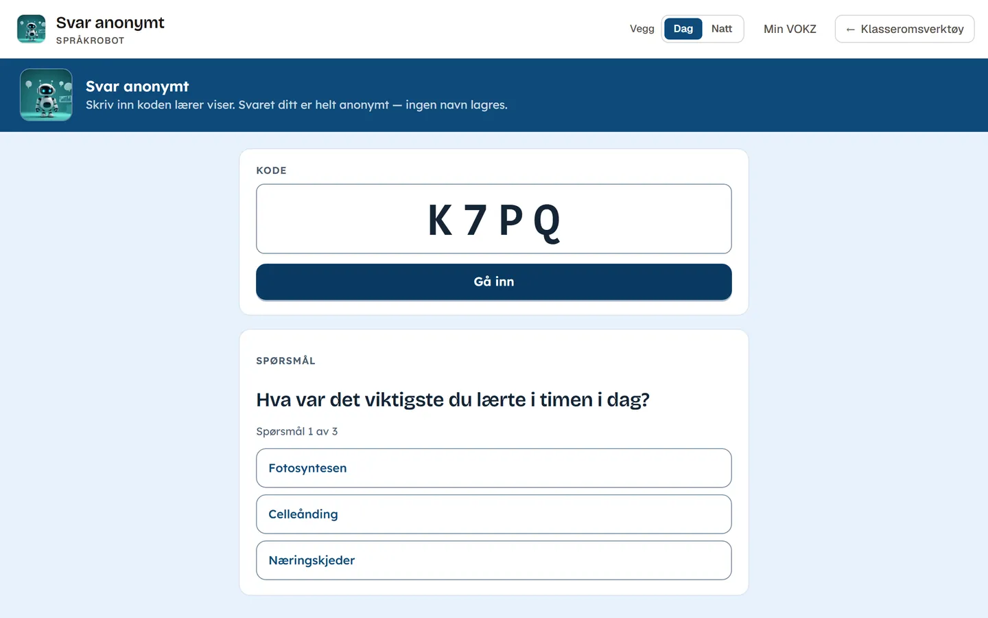 Svar anonymt i VOKZ: koden øverst og spørsmålet slik eleven ser det, med svaralternativer.