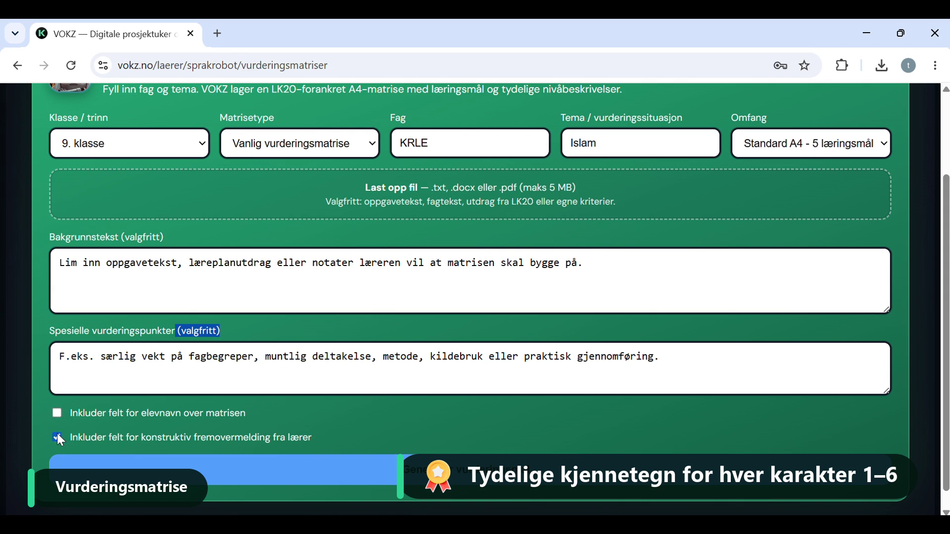 Forhåndsvisning: Vurderingsmatrise i ditt fag